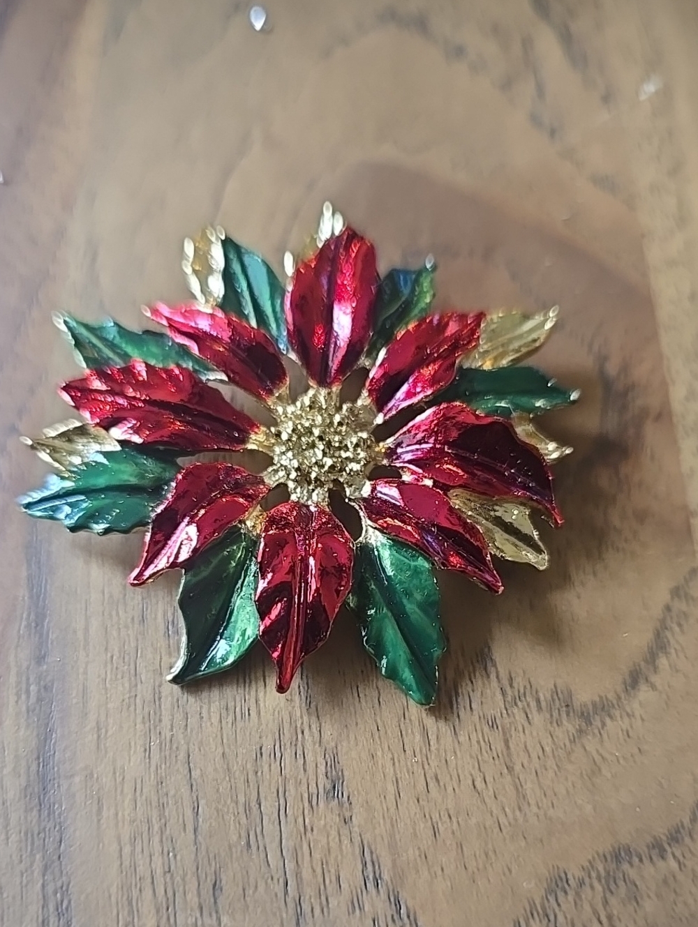 Festive Poinsettia Flower Brooch - Red, Green & Gold